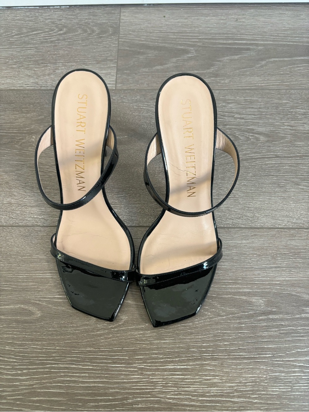 Stuart Weitzman Black Patent Square-Toe Slide Sandals